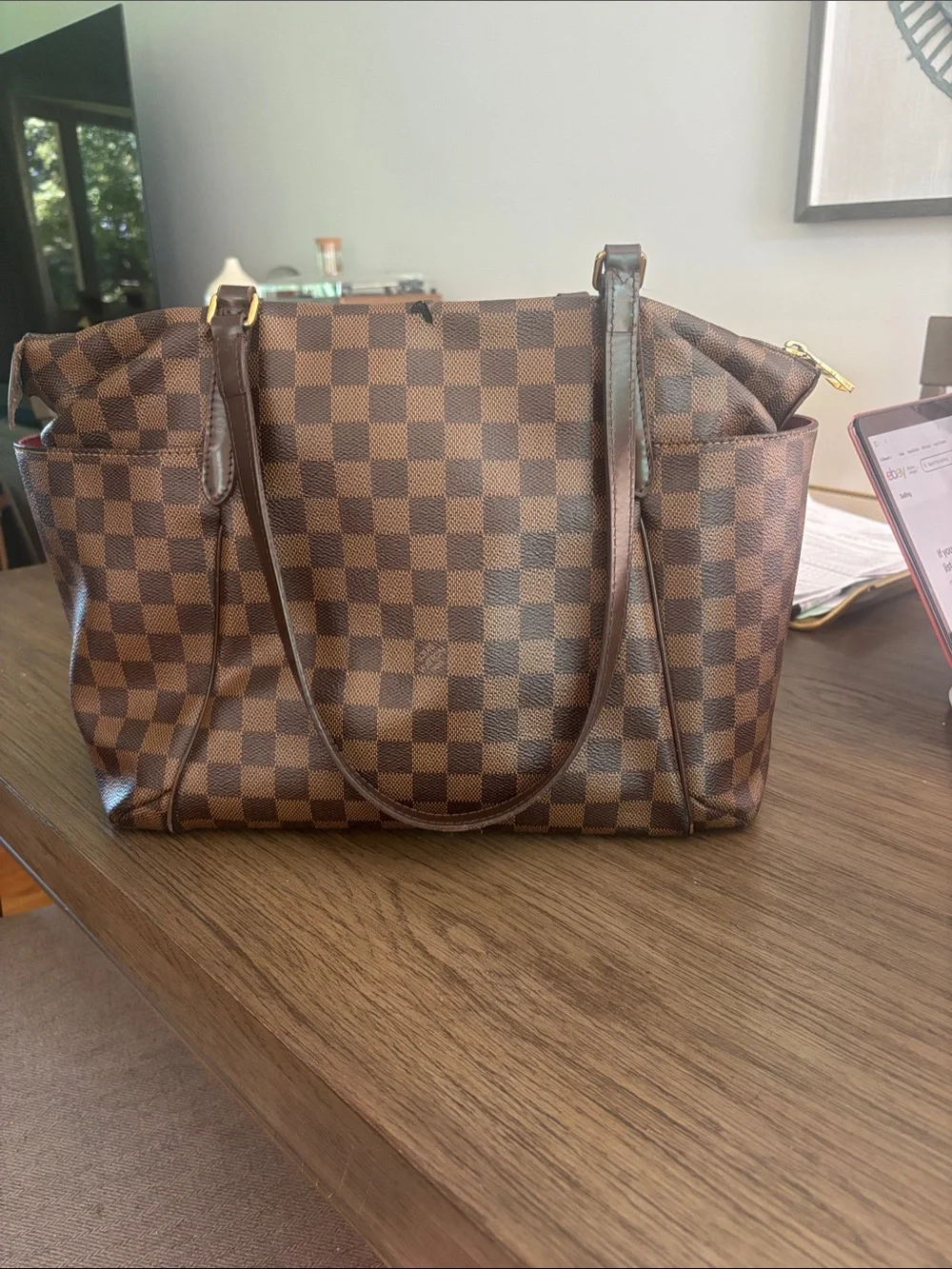 Designer-Style Brown Checkered Tote Bag